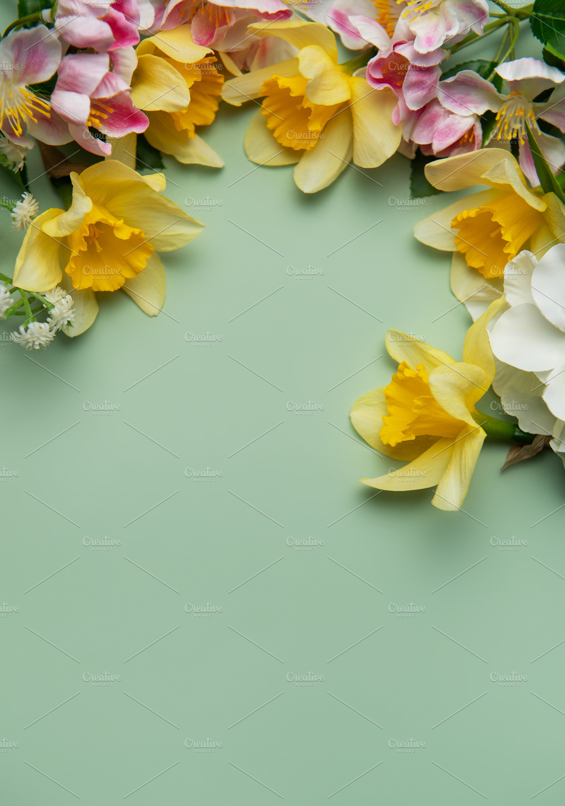 Daffodils and spring flowers creating a floral border on pastel, a Holiday Photo by Olena Rudo