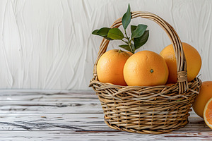 Fresh grapefruits in basket on wooden background, a Food & Drink Photo by AlyaAnd