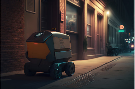 Delivery bot driving at night city, a Transportation Photo by Sergey Mironov's store