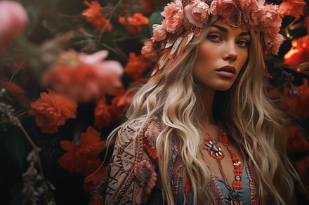 A young bohemian woman with long blonde hair adorned with a floral crown, surro, a Beauty & Fashion Photo by Textures & Backgrounds