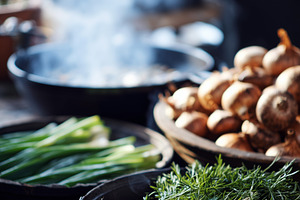 Rustic kitchen scene with fresh, a Food & Drink Photo by MistyDay