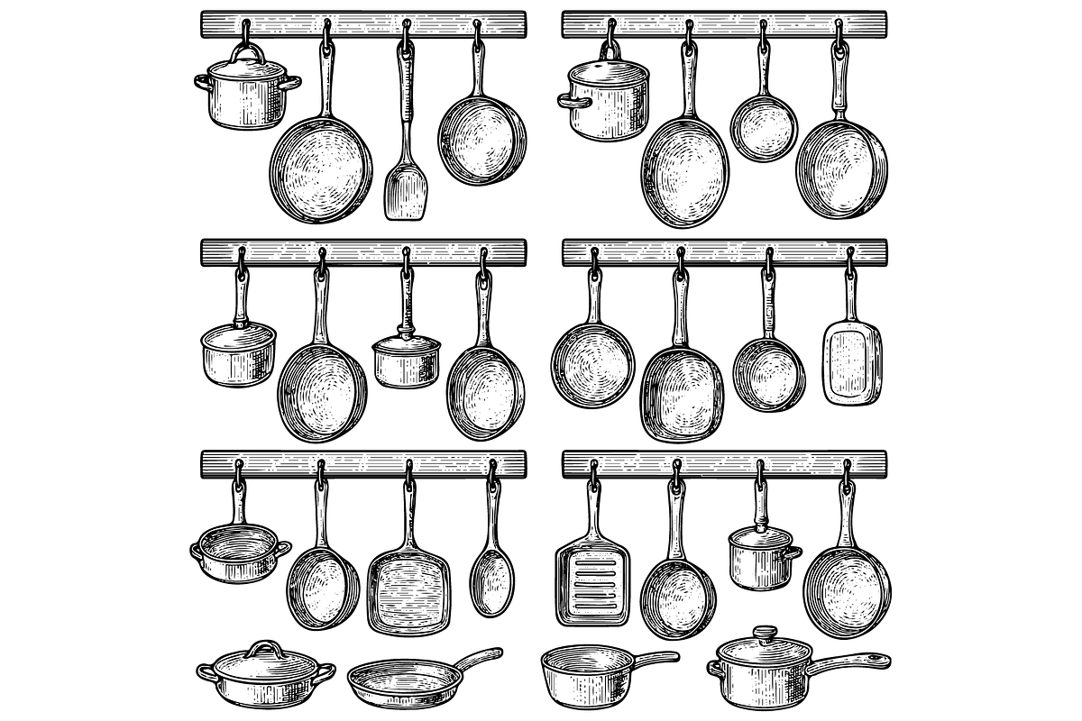 Hanging Pots and Pans Illustration, an Object Graphic by nikagraphic