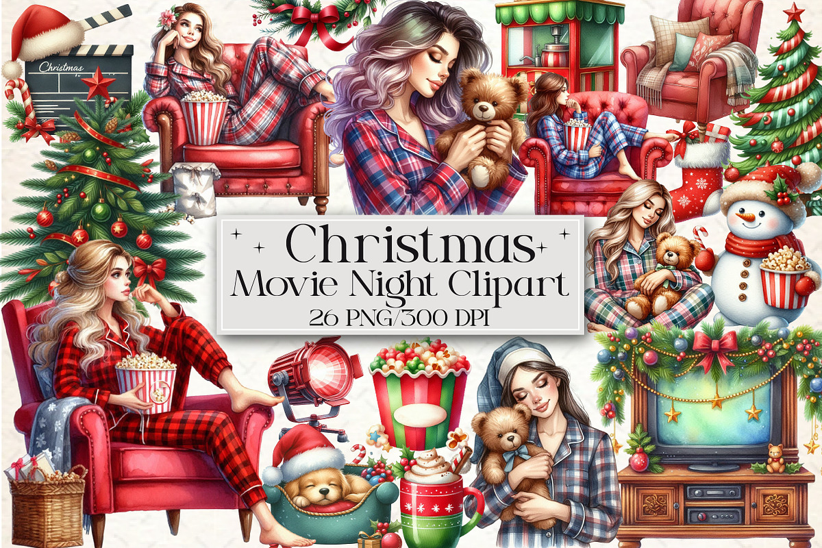 Christmas Movie Night Clipart, an Illustration by Libby Wishes