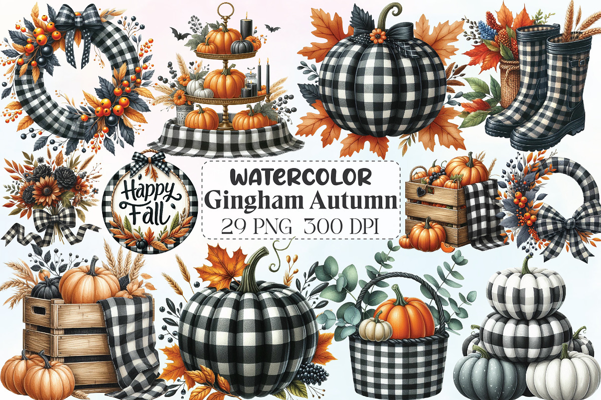 Black Gingham Autumn Clipart, an Illustration by CraftArtStudio (Photo 1 of 6)