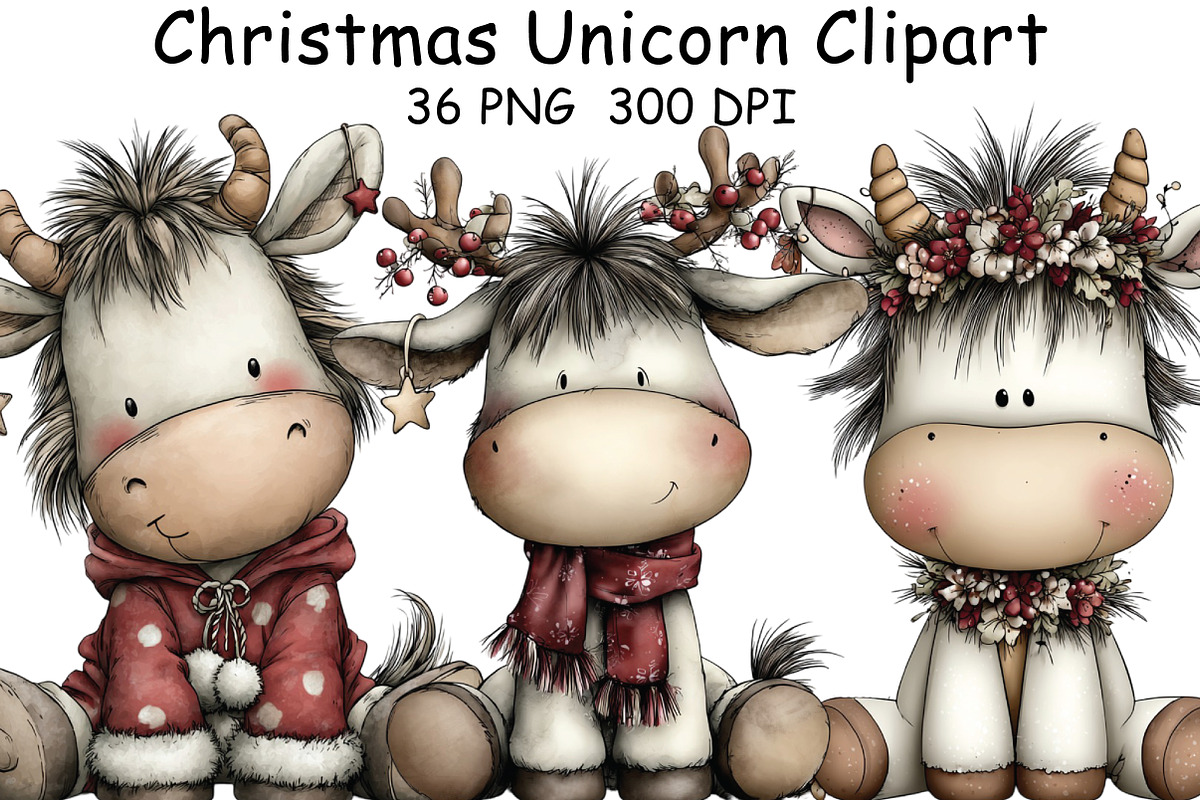 Christmas Unicorn Clipart, an Illustration by CraftArtStudio (Photo 1 of 6)