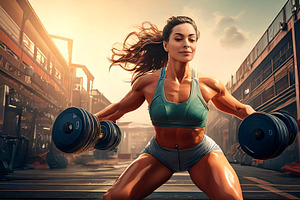 Young adult woman lifting weights in an outdoor industrial envir, a Sport Illustration by DanFLCreativo