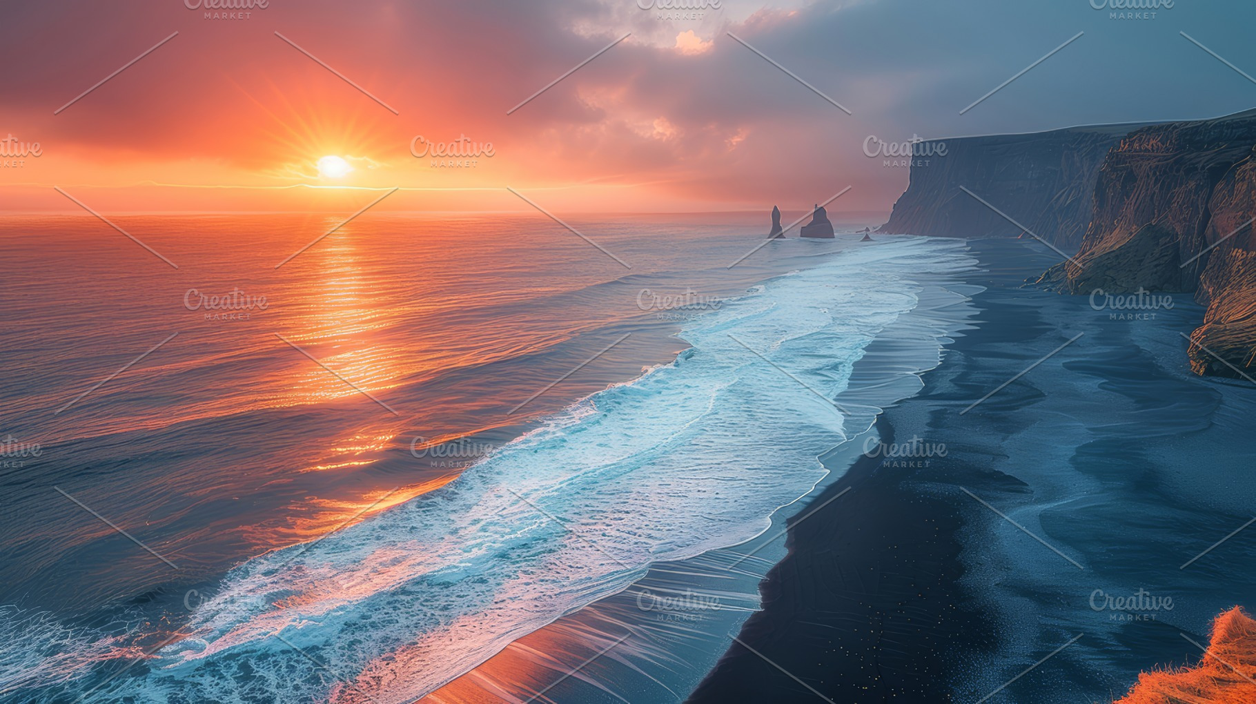 Sunrise at Reynisfjara Black Sand Beach with Ocean Waves and Rocky Cliffs in Ic, a Photo by AS photostudio