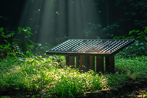 Solar panel installed in serene fore, a Photo by Tanuart