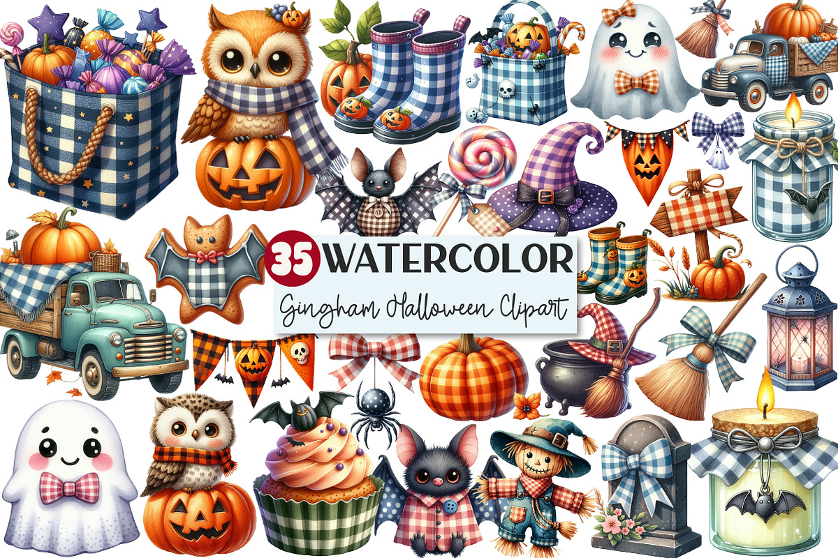 Watercolor Gingham Halloween Clipart, an Illustration by Rose Art (Photo 1 of 7)