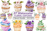 Watercolor Floral Cupcake Clipart, an Illustration by DreamCafeArt (Thumbnail 1 of 5)