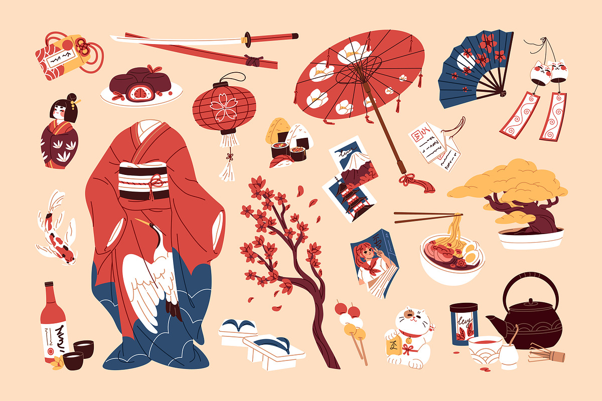 Japan culture items set, backgrounds, an Object Illustration by PaperTrident (Photo 2 of 5)