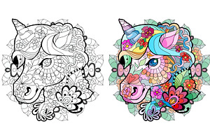 Cute Cartoon Unicorn On Mandala