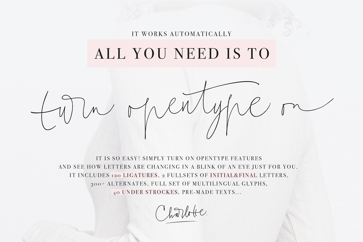Charlotte Script with 120 ligatures, a Script Font by Blessed Print (Photo 16 of 19)