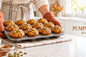 Pumpkin spice muffins arranged on ba