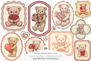 Vintage Valentine Bear Cards Printab, an Illustration by SinaCreation
