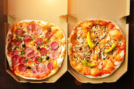 Homemade pizza. Top view with copy, a Food & Drink Photo by Enjoy Photo