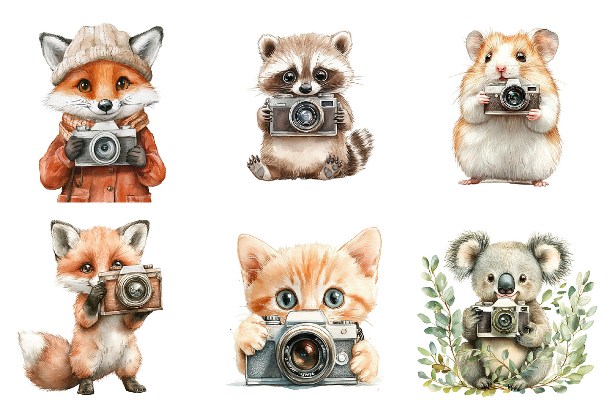 Watercolor Cute Animals Photographer, an Illustration by SinaCreation (Photo 2 of 5)