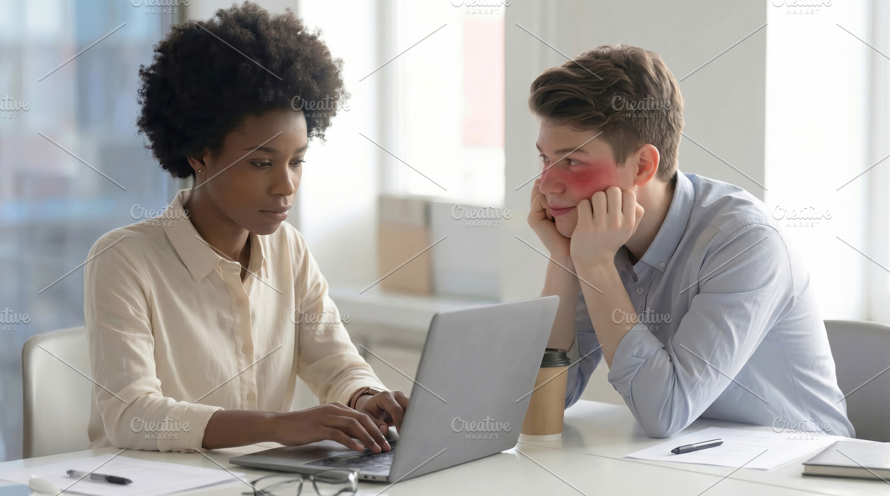 Young Man Secretly Admiring Female Coworker, a Business Photo by Davizro's Market