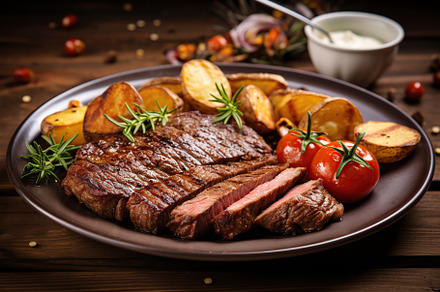 Grilled meat steak with fried potatoes and rosemary in plate on wooden backgrou, a Food & Drink Photo by AlyaAnd
