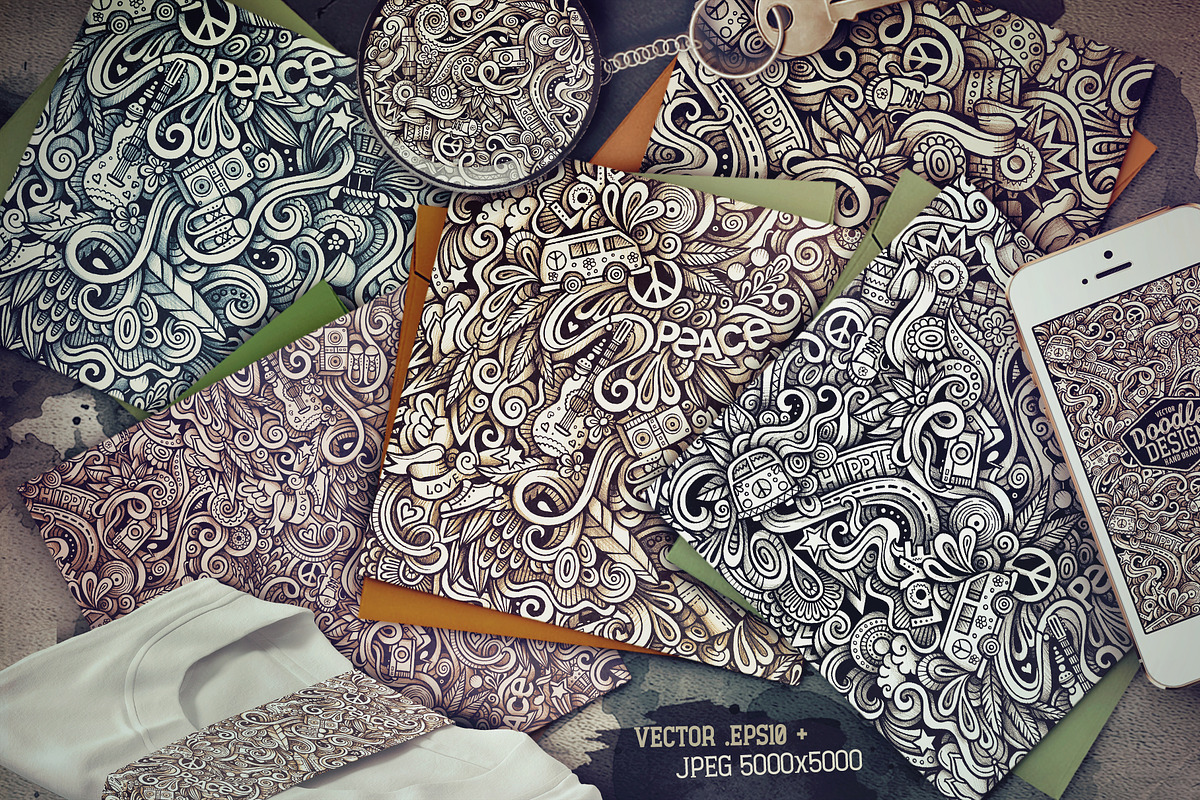 Hippie Graphic Doodles Patterns, a Pattern Graphic by BALABOLKA (Photo 2 of 6)