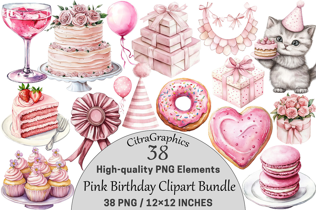 Pink Birthday Clipart Bundle, a Seasonal Illustration by CitraGraphics (Photo 1 of 5)