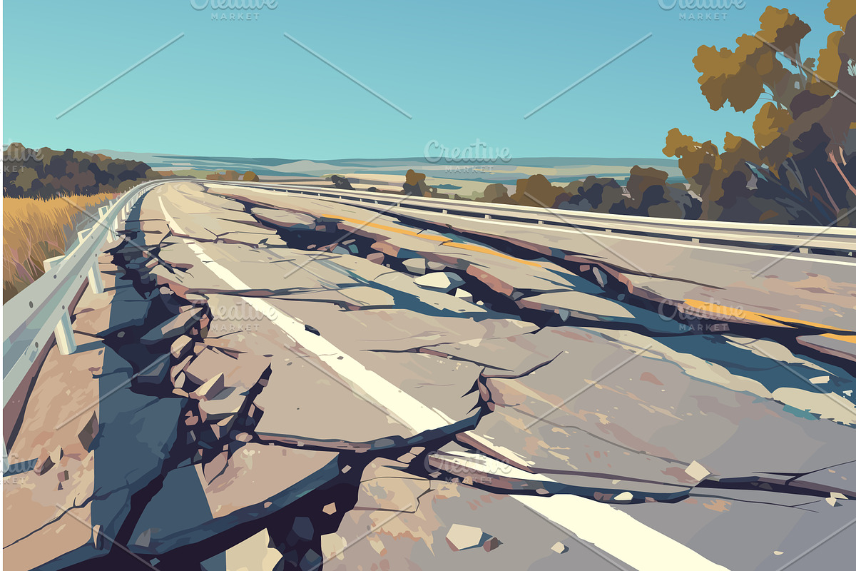 Cartoon destroyed road outside the, an Illustration by LadadikArt