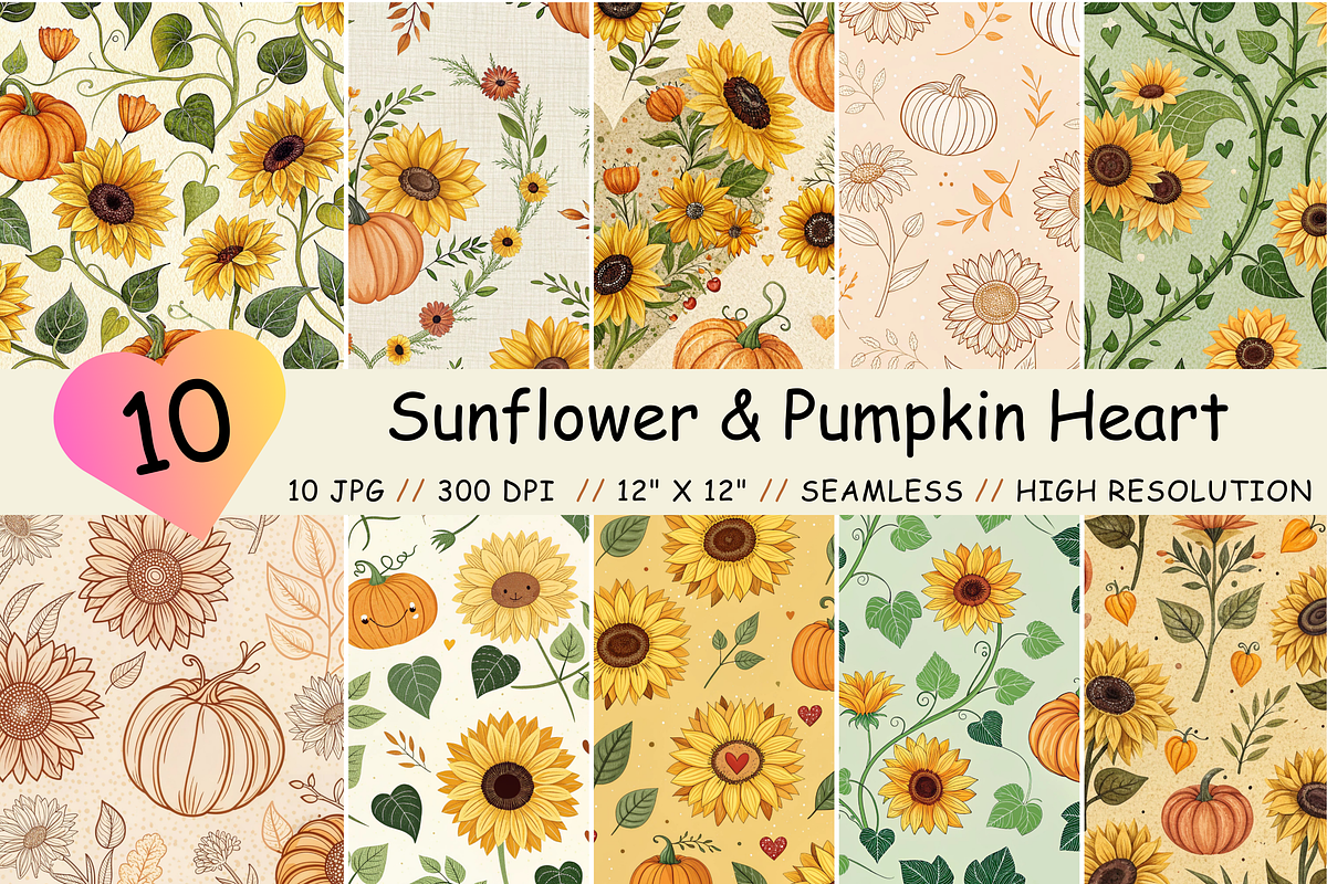 Sunflower & Pumpkin Heart Pattern, a Graphic by FloridPrintables (Photo 1 of 6)