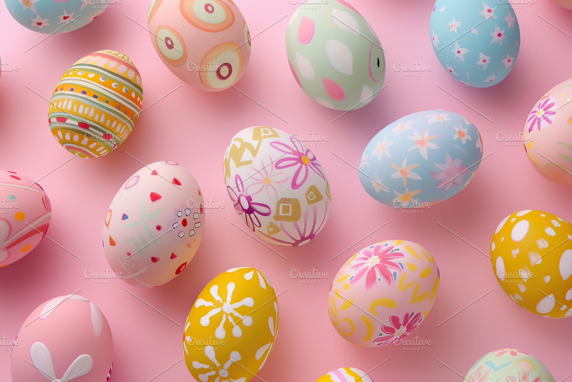 Colorful painted decorated easter eggs on pink background, a Holiday Photo by AlyaAnd
