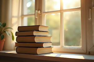 Stacked Textbooks With Natural Morni, a Photo by LOGOCREATIVE