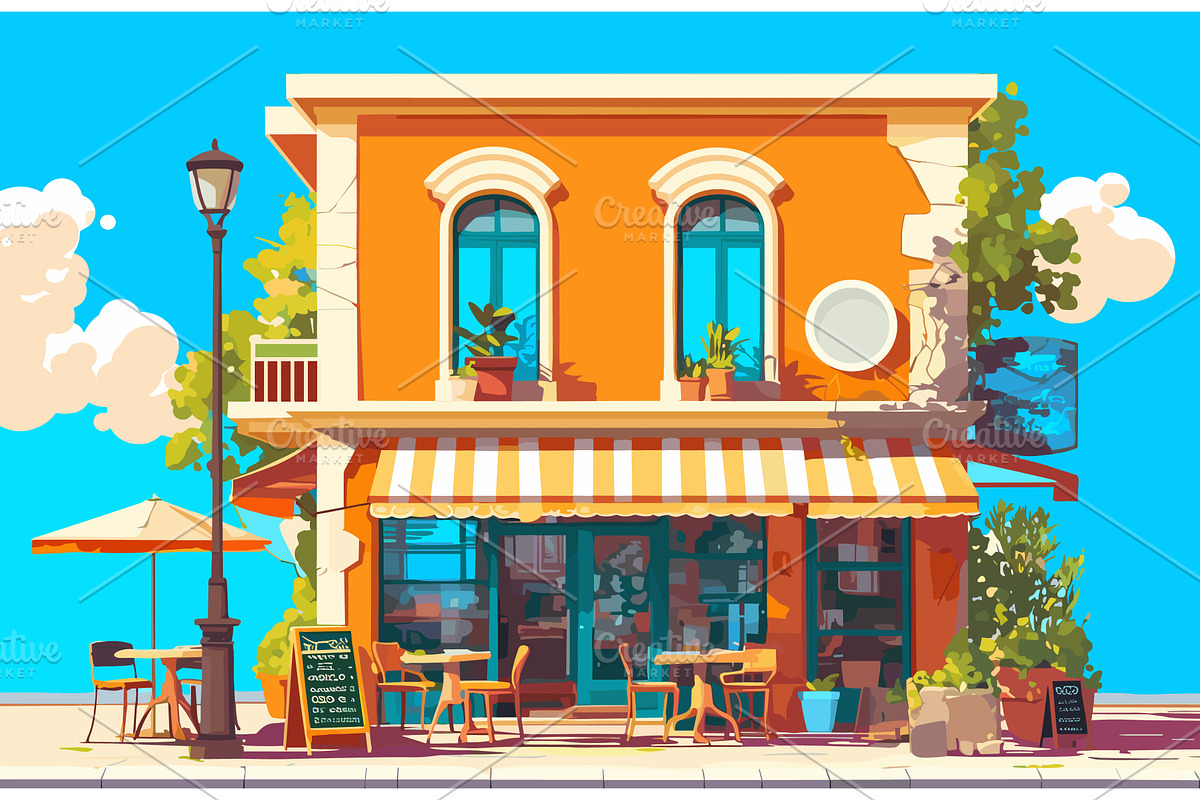 Cozy cartoon cafe building on the, an Object Illustration by LadadikArt