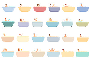 Bathing A Baby Icons Set Cartoon