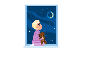 Child looking at crescent moon and, an Illustration by pikepicture