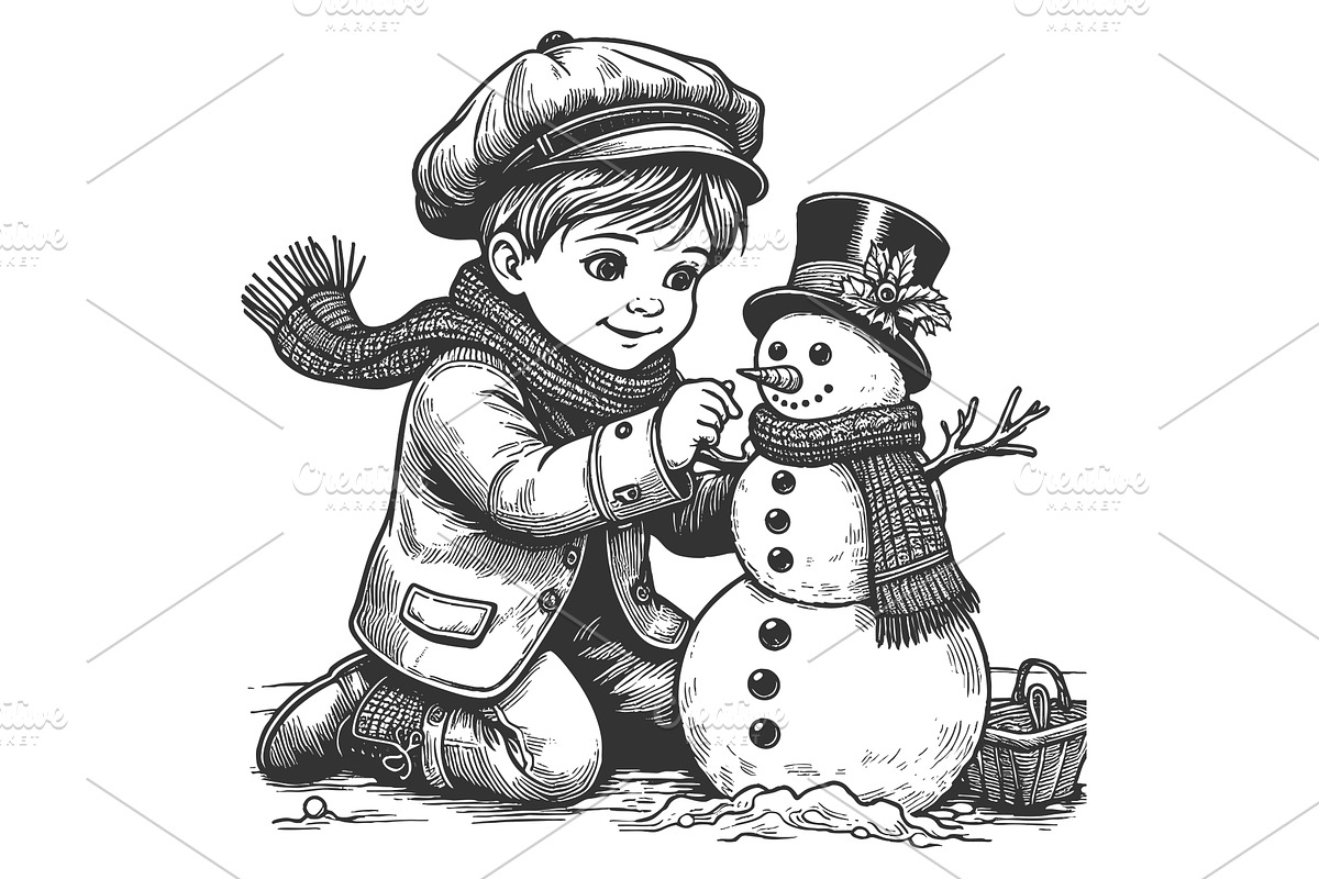 child building snowman winter vector, a Person Illustration by AlexArt