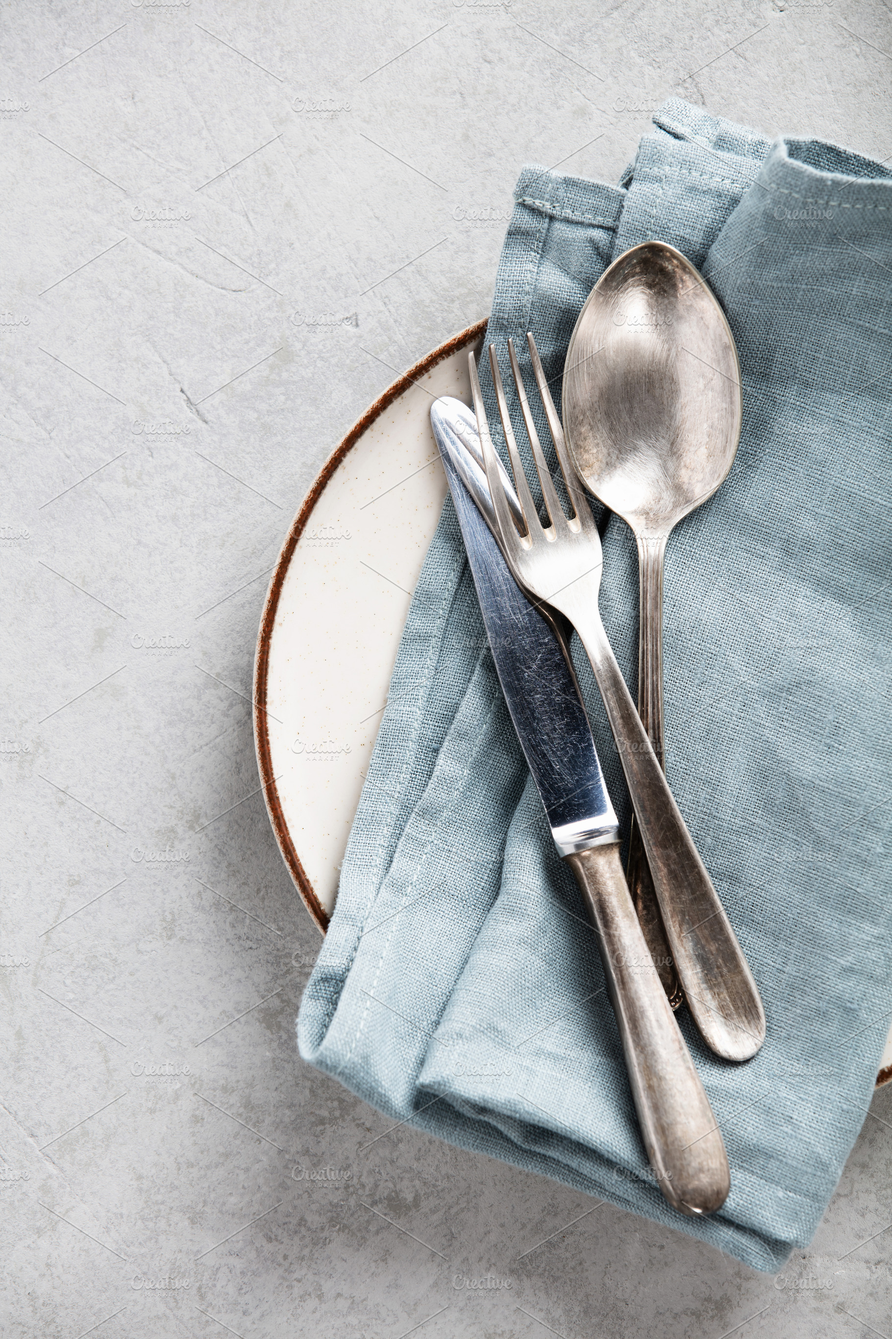Vintage Cutlery on Linen Napkin and Ceramic Plate, a Food & Drink Photo by Natalia Klenova's Shop