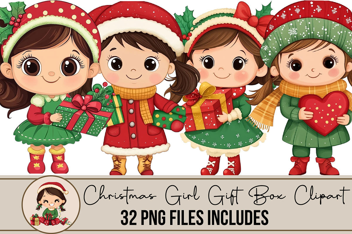Christmas Girl Gift Box Clipart, an Illustration by DreamArtGraphic (Photo 1 of 5)