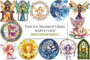 Fairies Stained Glass Watercolor Cli, an Illustration by DreamArtGraphic