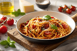 Tomato basil spaghetti, a Photo by Beautiful things