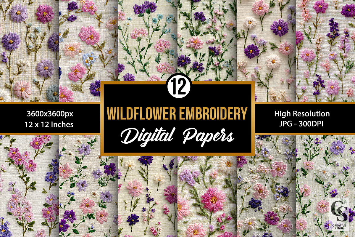 Wildflowers Embroidery Digital Paper, a Pattern Graphic by Creative Store (Photo 1 of 5)
