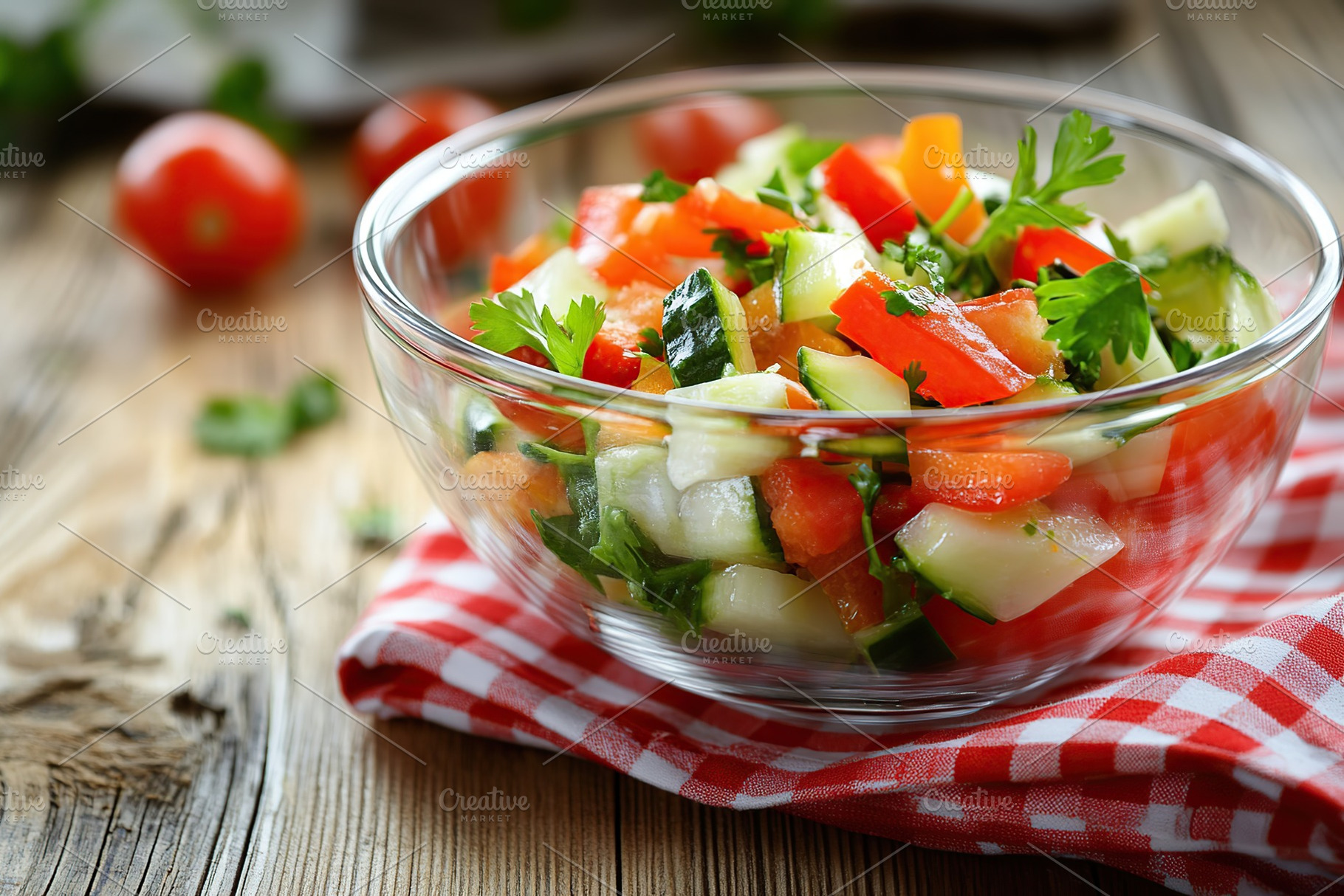 Fresh salad with vegetables in bowl, organic healthy food, a Food & Drink Photo by AlyaAnd