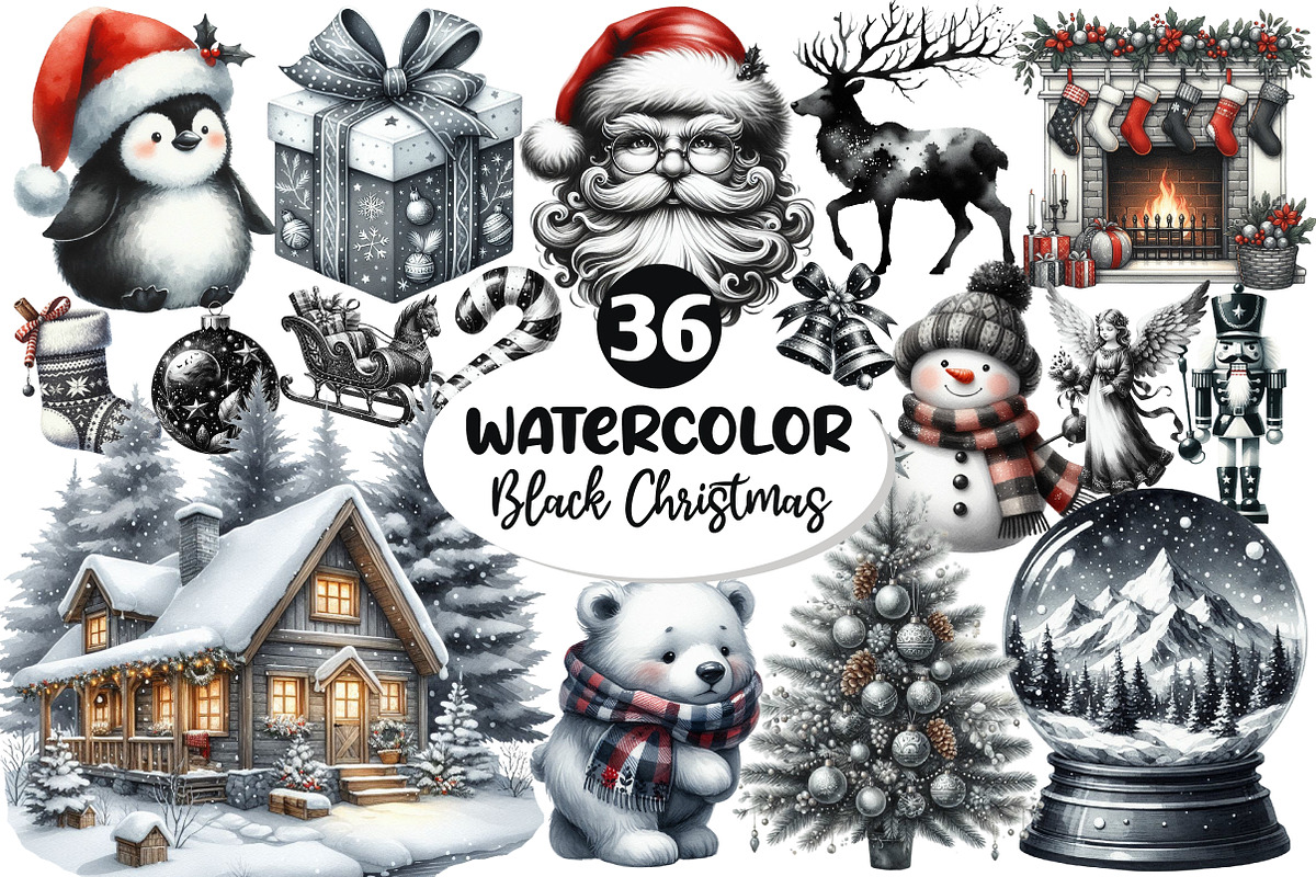 Black and White Christmas Clipart, an Illustration by Dream Creation (Photo 1 of 7)