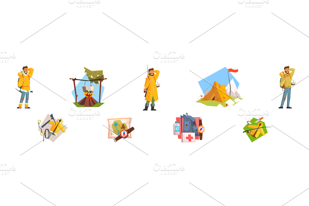 Camping Equipment and Man Camper, a Person Illustration by TopVectors