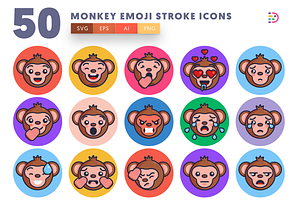 50 Monkey Emoji Stroke Icons