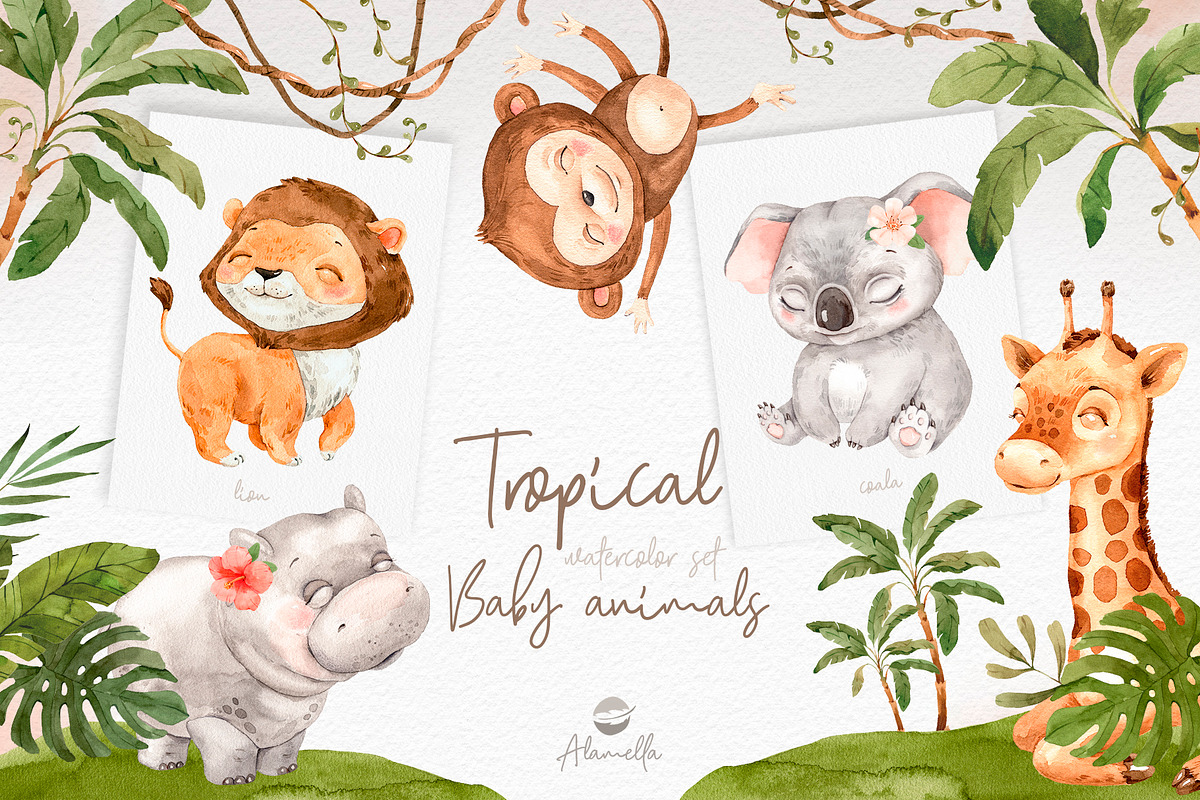 Tropical Baby Animals Watercolor set, an Animal Illustration by Alamella (Photo 1 of 8)