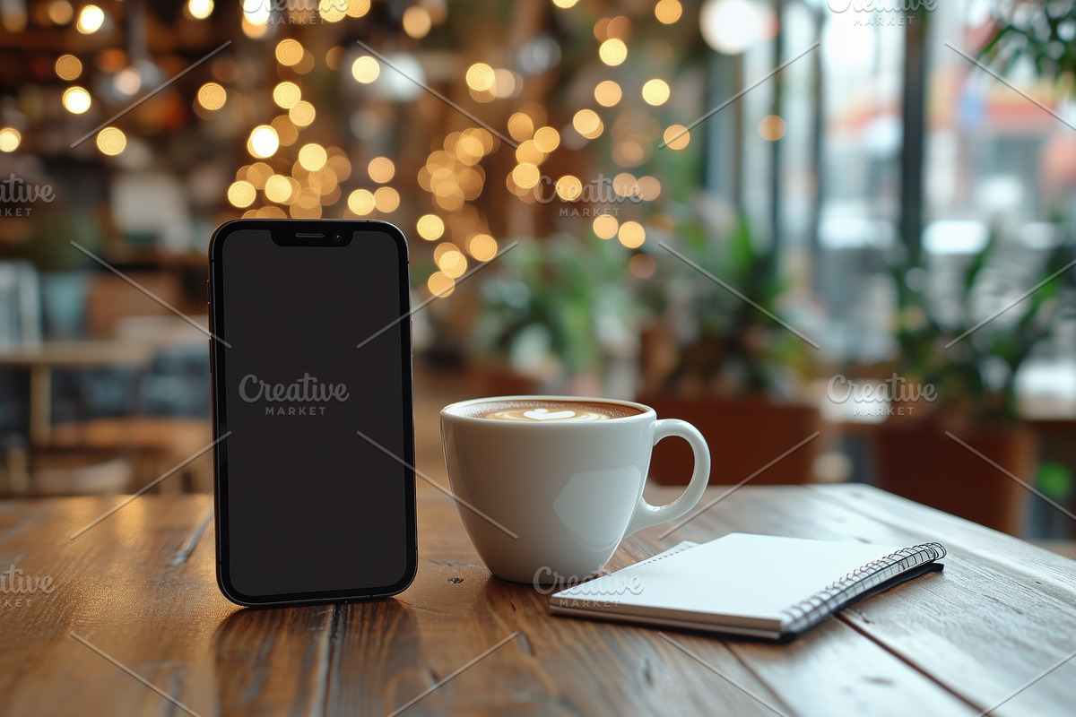 A cozy café scene featuring a smartphone iPhone mockup, a cup of latte with la, an iPhone Mockup by Textures & Backgrounds