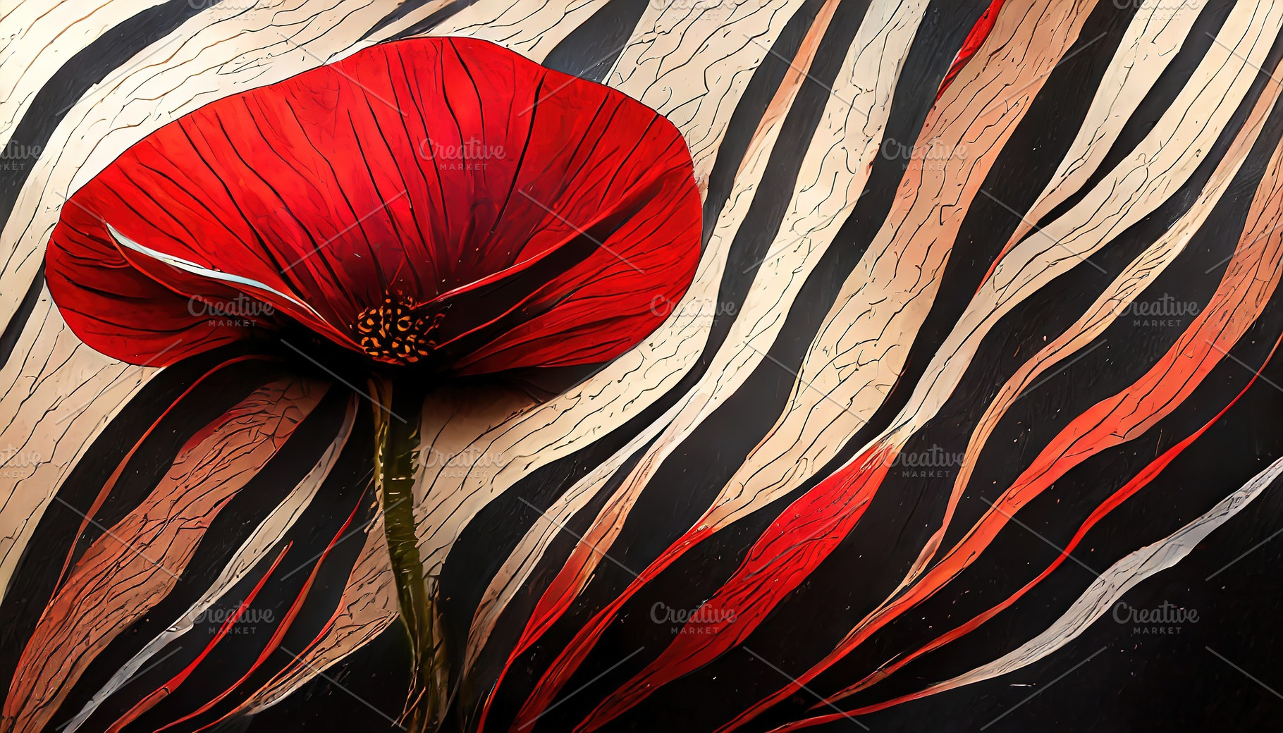 Red poppy flower against abstract zebra waves, an Abstract Photo by Igor Tichonow