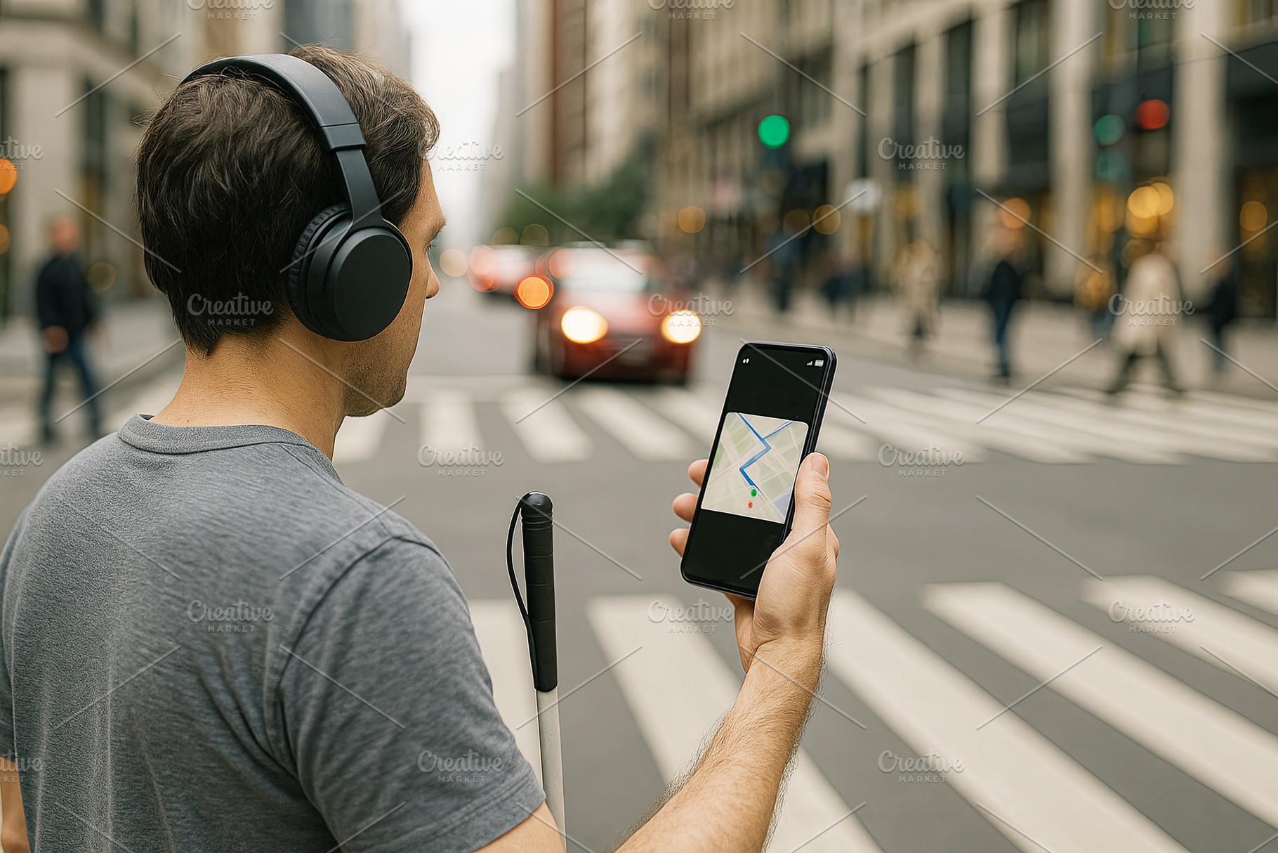 Man wearing headphones holding smart, a Photo by Dvoevnore photos
