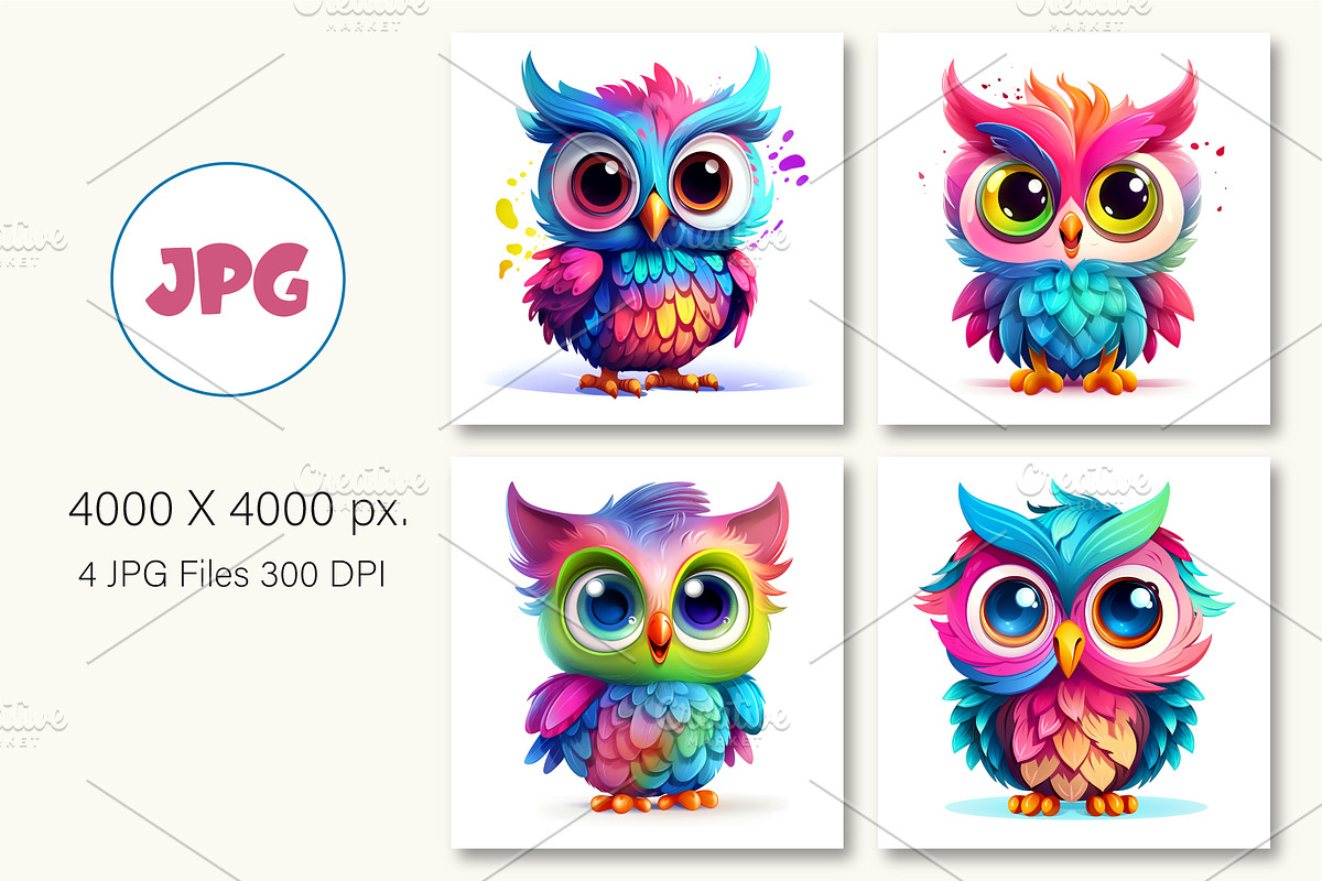 Cute rainbow owls. TShirt Sticker., an Animal Illustration by KENO Mascots (Photo 3 of 7)