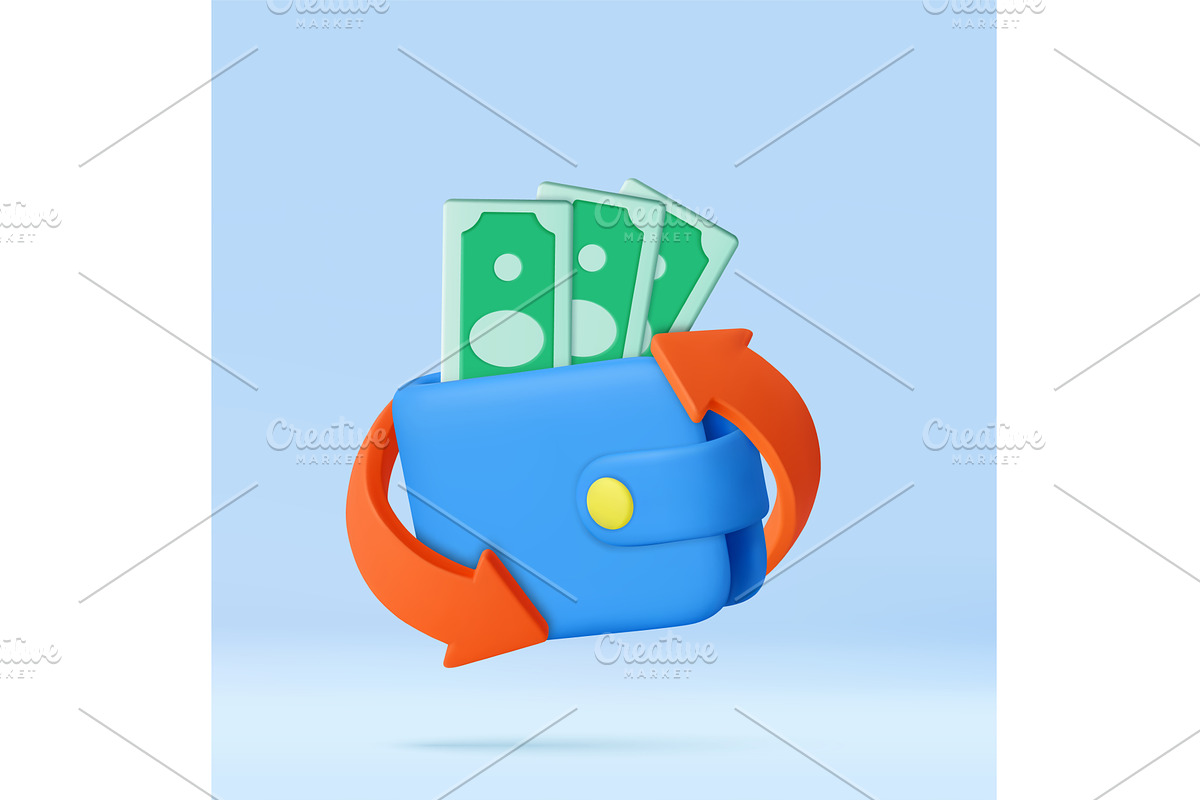 3D Wallet with Cash and Sync Arrows, a Finance Illustration by ModVector