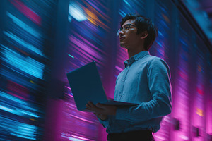 Tech professional laptop server room, a Photo by Pixeness Studio