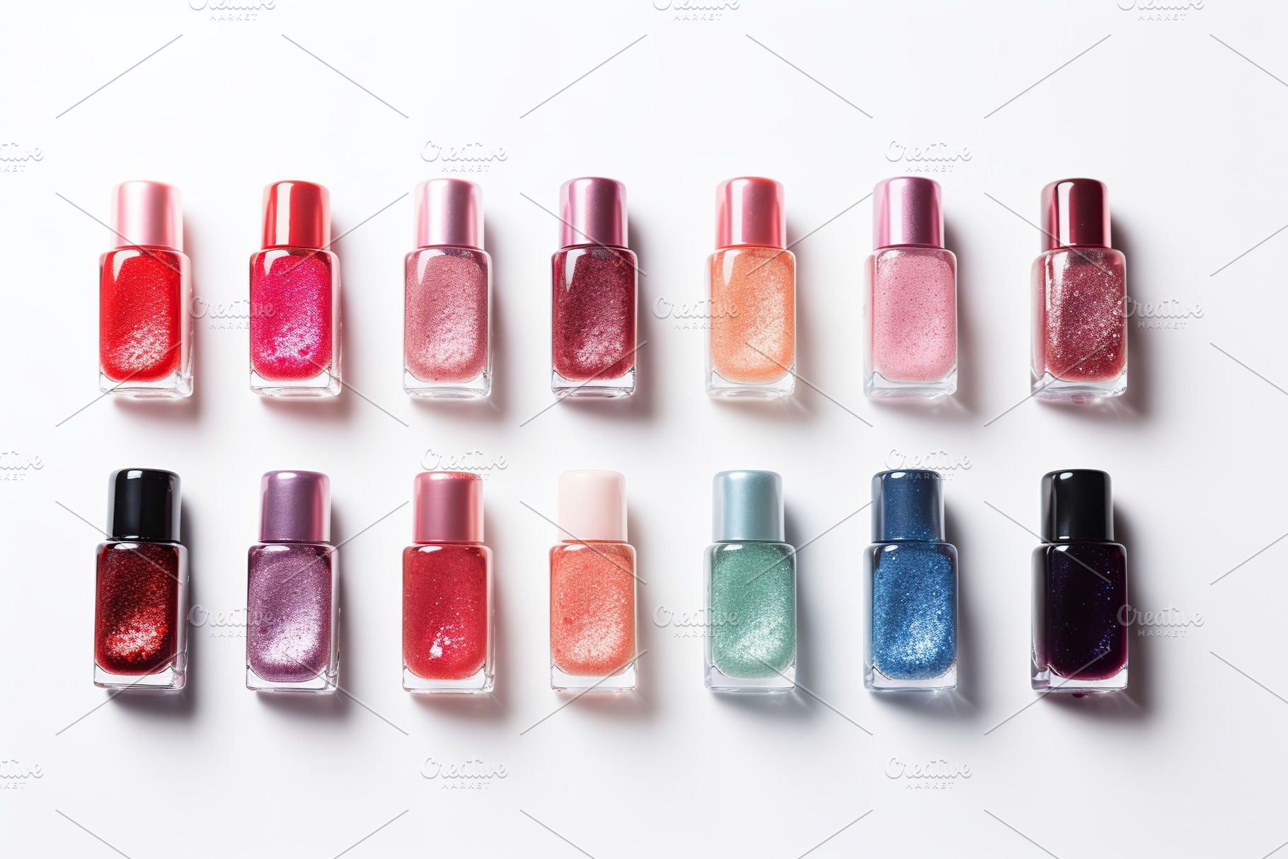 Bottles of colorful nail polish on white background, a Beauty & Fashion Photo by AlyaAnd